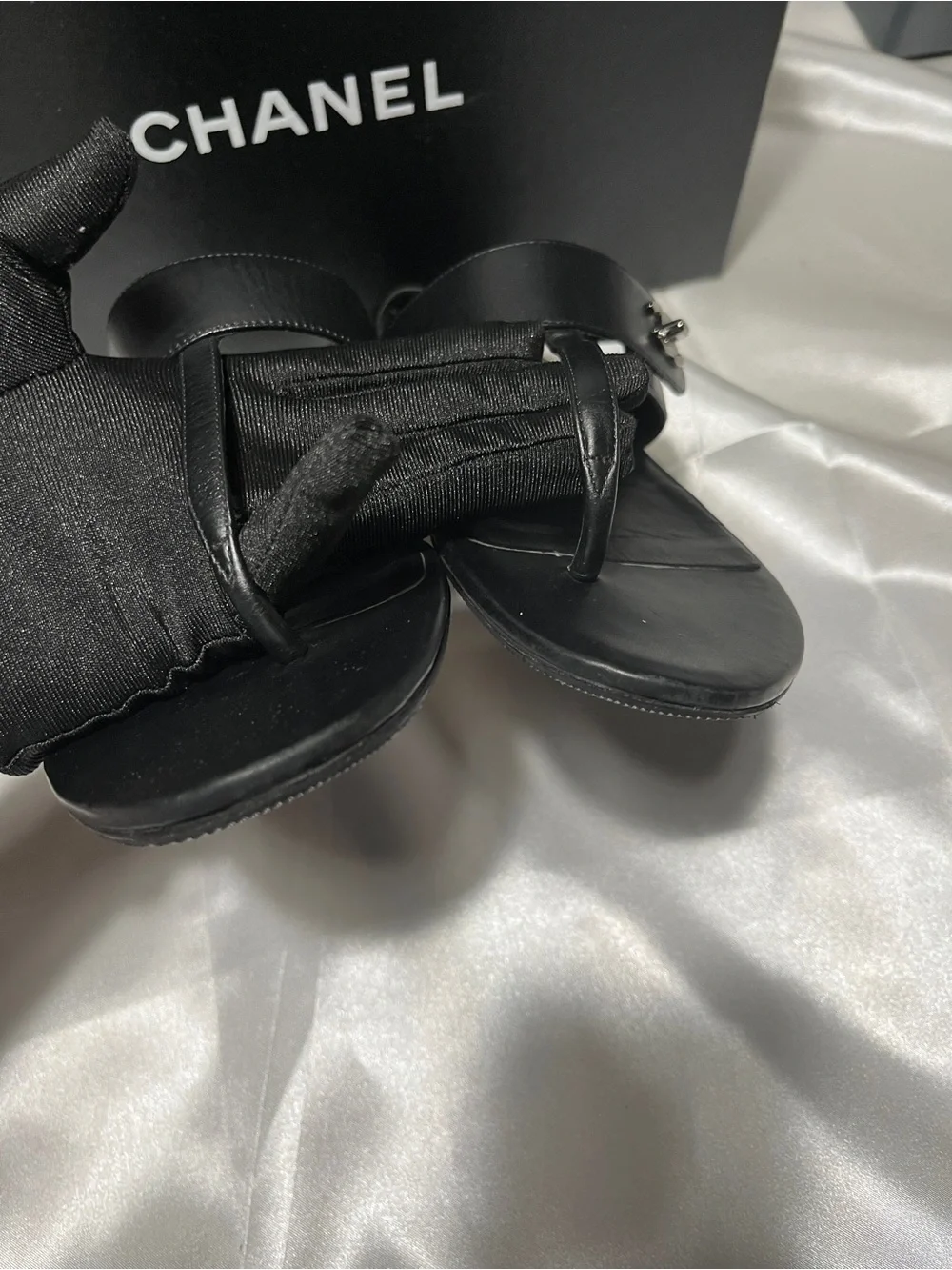 CHANEL Black Leather Thong Sandals with CC Medallion